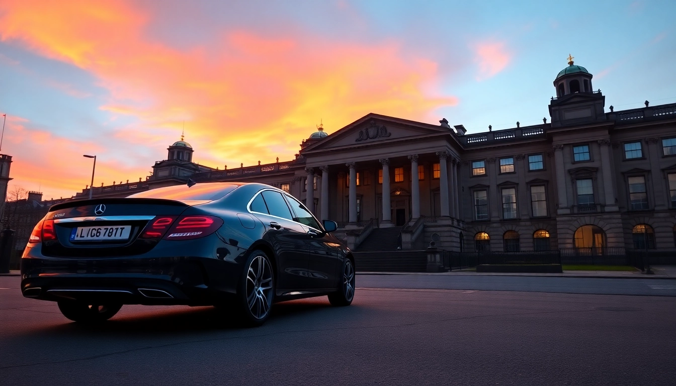 Experience the luxury private car service Glasgow with a sleek Mercedes-Benz chauffeur in front of City Hall.