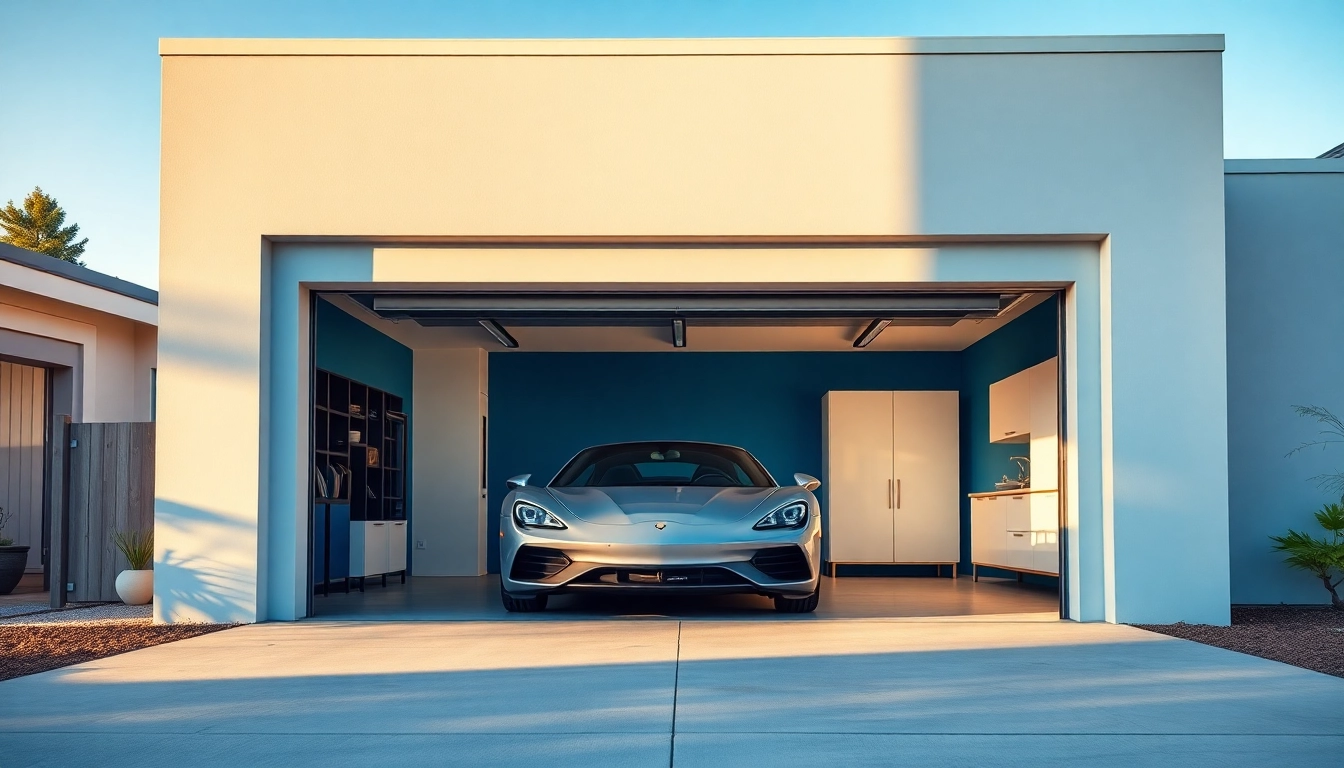 Explore custom garages with a modern design featuring spacious interiors and vibrant aesthetics.