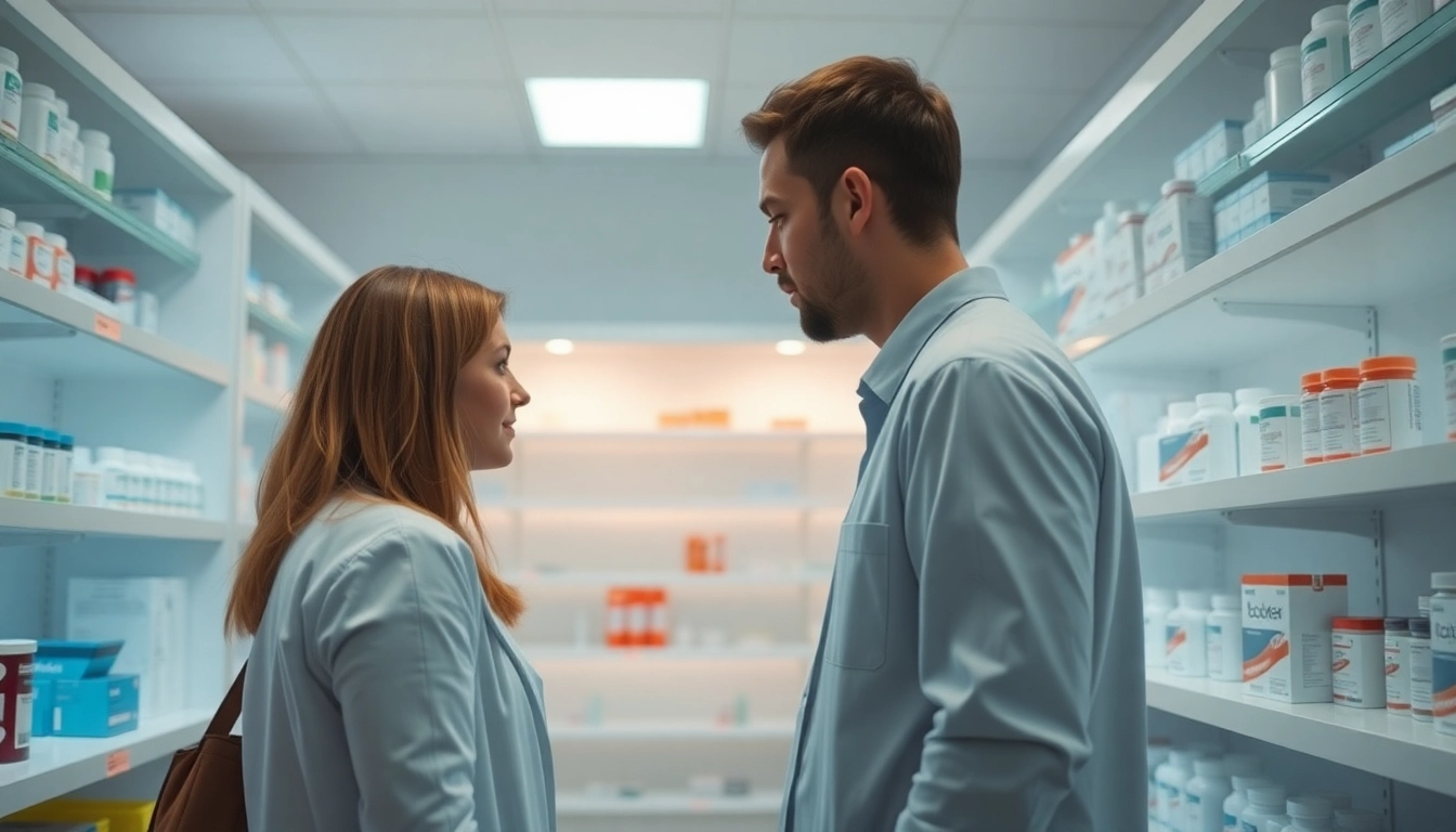 Buy Subutex 8mg Without Prescription, showcasing an inviting pharmacy environment with a pharmacist assisting a customer.