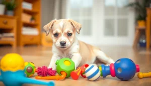 Playful puppy surrounded by vibrant pet toys, engaging and happy.