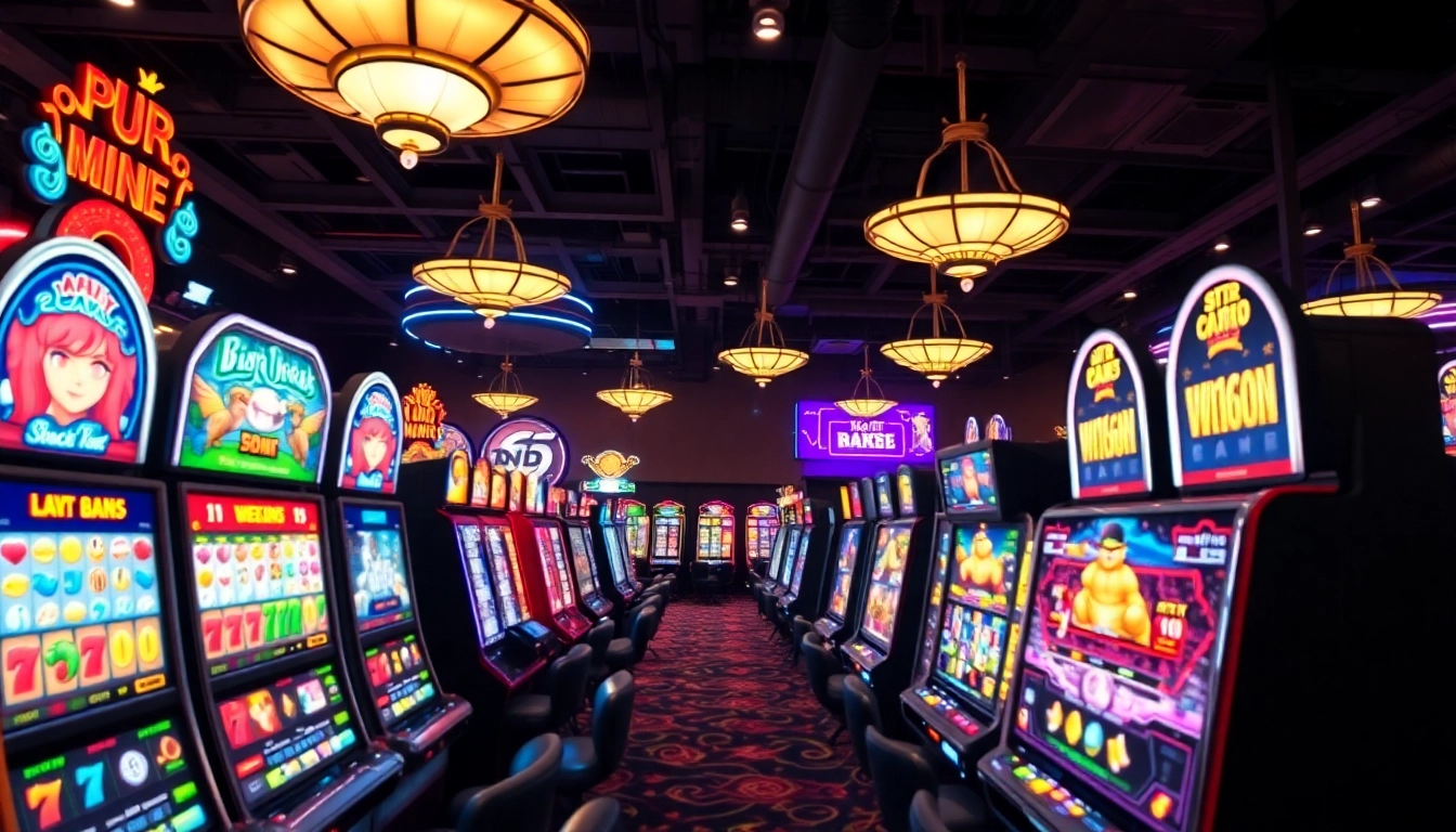 Play exciting slot gacor games in a lively casino ambiance with colorful machines.