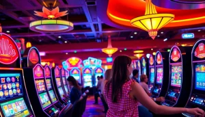 Experience the excitement of เว็บสล็อตทดลอง with players enjoying vibrant slot machines in a lively casino.