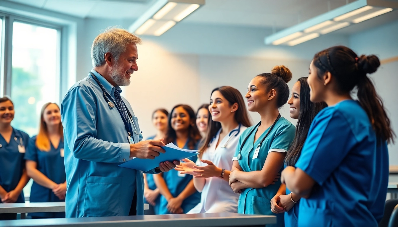 Engaging scene illustrating personalgewinnung in der Pflege with a healthcare professional mentoring nursing students.