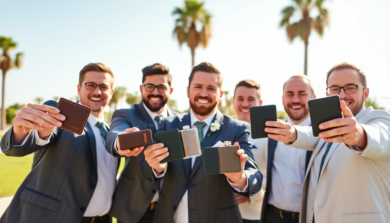 Showcase cheap groomsmen gifts like personalized wallets and flasks in a festive outdoor gathering.