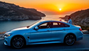 Rent a cheap car rental with driver in Malta, featuring a driver beside a luxury car against a stunning coastal backdrop.