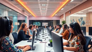 Engaged team of agents at a call center in Tijuana providing customer support.