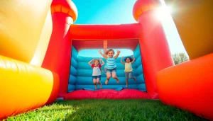 Experience the fun of bounce house rental near me with a vibrant inflatable joyfully bouncing children.