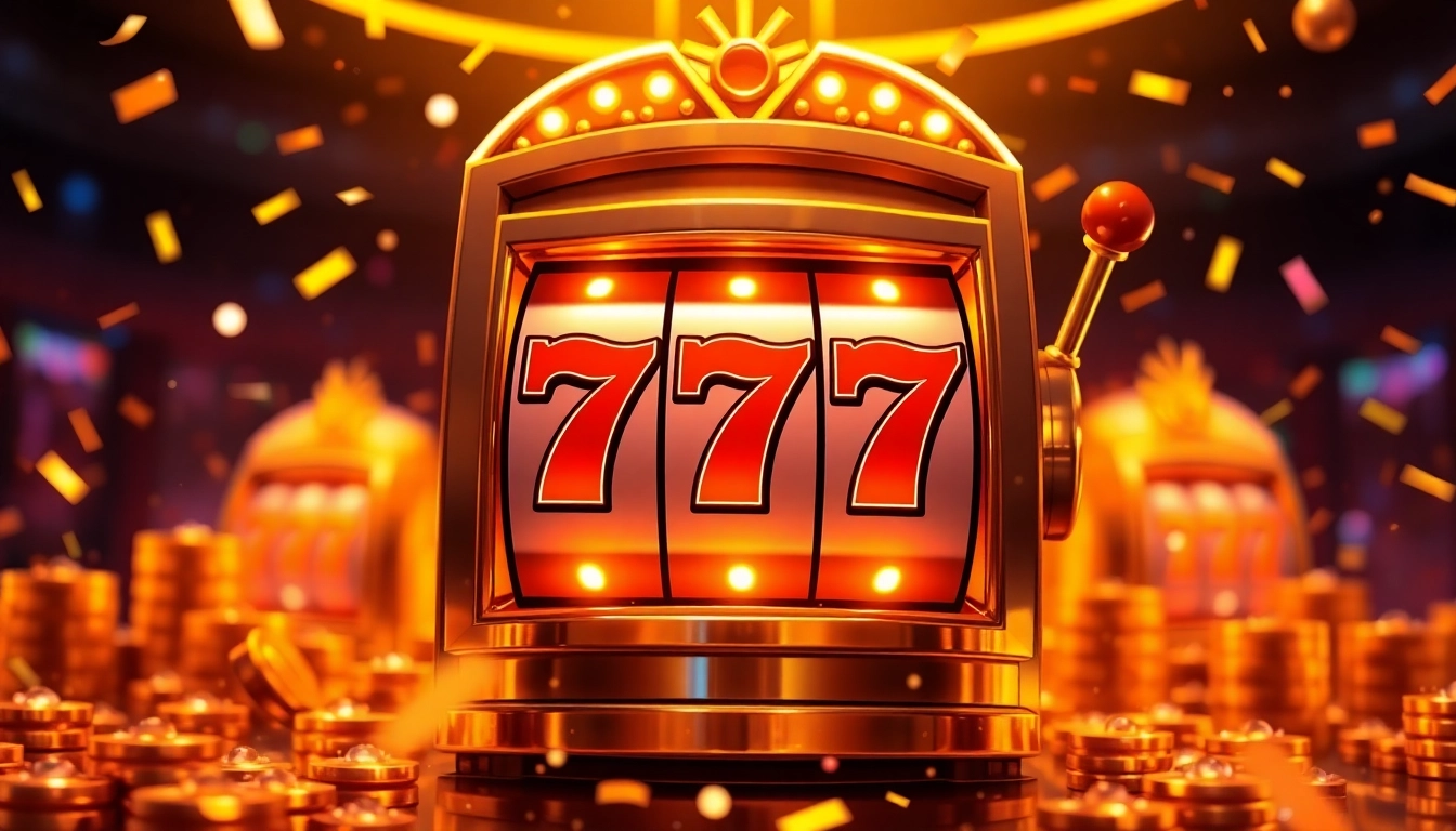 Play captivating สล็อต777 on a vibrant slot machine adorned with golden elements and glowing lights.