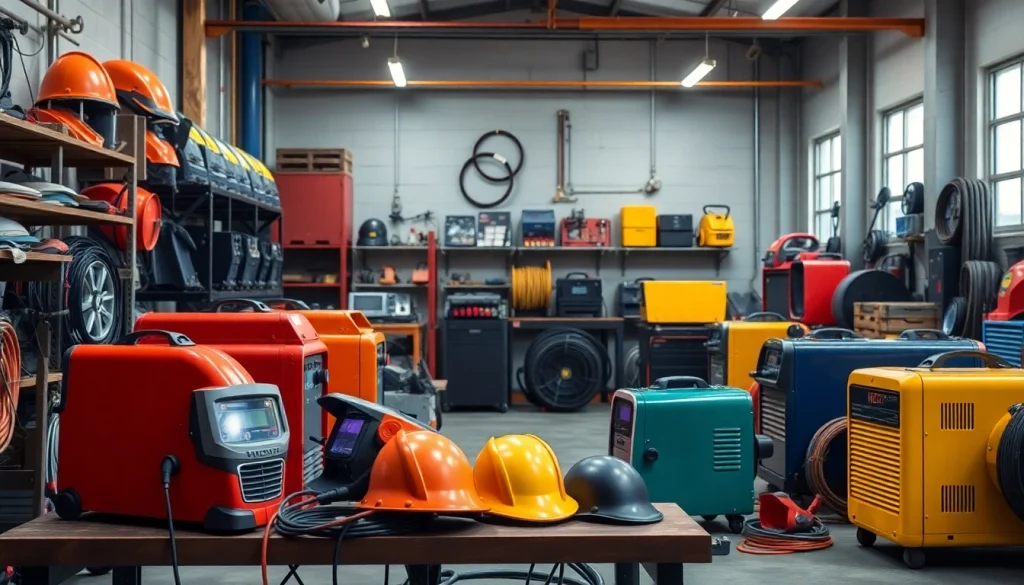 Shop high-quality welding supplies including helmets and machines in a vibrant workshop.