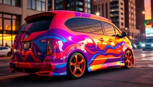 Stylish car showcasing Vinyl Wrap Services with a glossy finish amidst a vibrant urban backdrop.