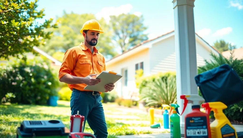 Pest Control Services technician inspecting a home for pest issues with professional tools.