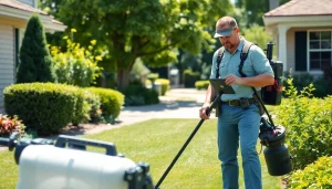 Pest Control Services technician diligently inspecting a yard for pests in a serene home environment.