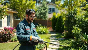 Pest Control Services technician treating yard area for pests with eco-friendly products.