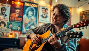 Independent artist performing passionately on an acoustic guitar in a cozy setting.