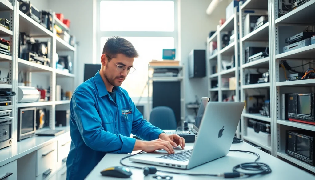 Riparazione computer torino: un tecnico al lavoro su un laptop in un moderno centro assistenza.