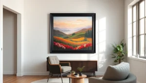 Presenting a stylish 36x48 frame featuring vivid artwork in an inviting living room environment.