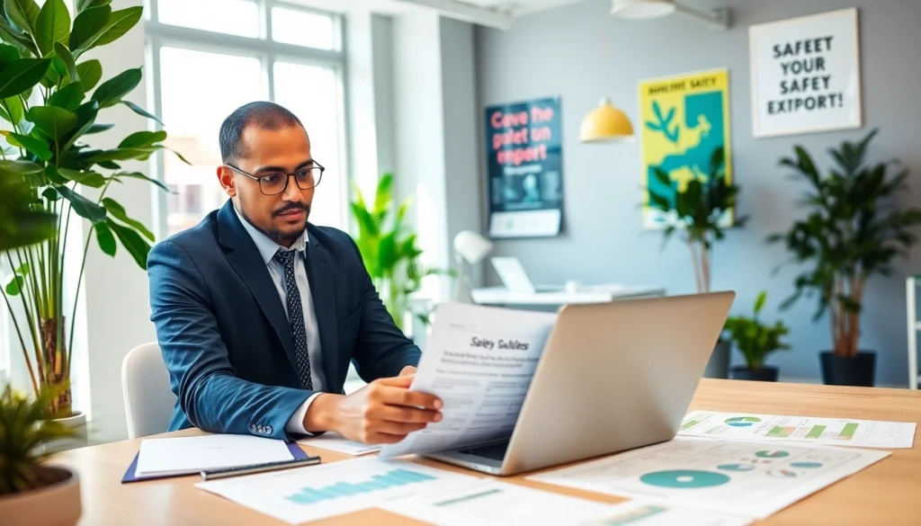 Environmental Health & Safety (EHS) Consultant evaluating safety protocols in a modern office setting.