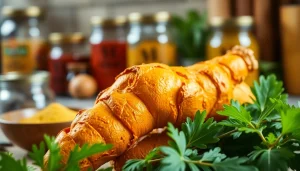 Highlighting fresh turmeric root with vibrant orange flesh and textured skin.