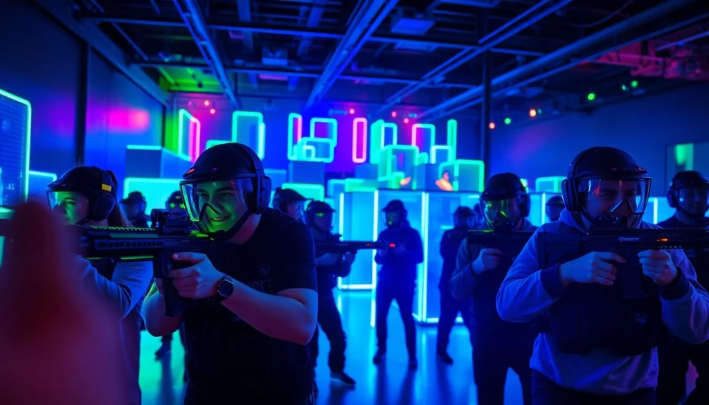Exciting laser tag action inside a vibrant arena featuring players in neon lights.