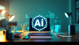 Create a custom AI logo design with a modern aesthetic and vibrant design tools surrounding it.