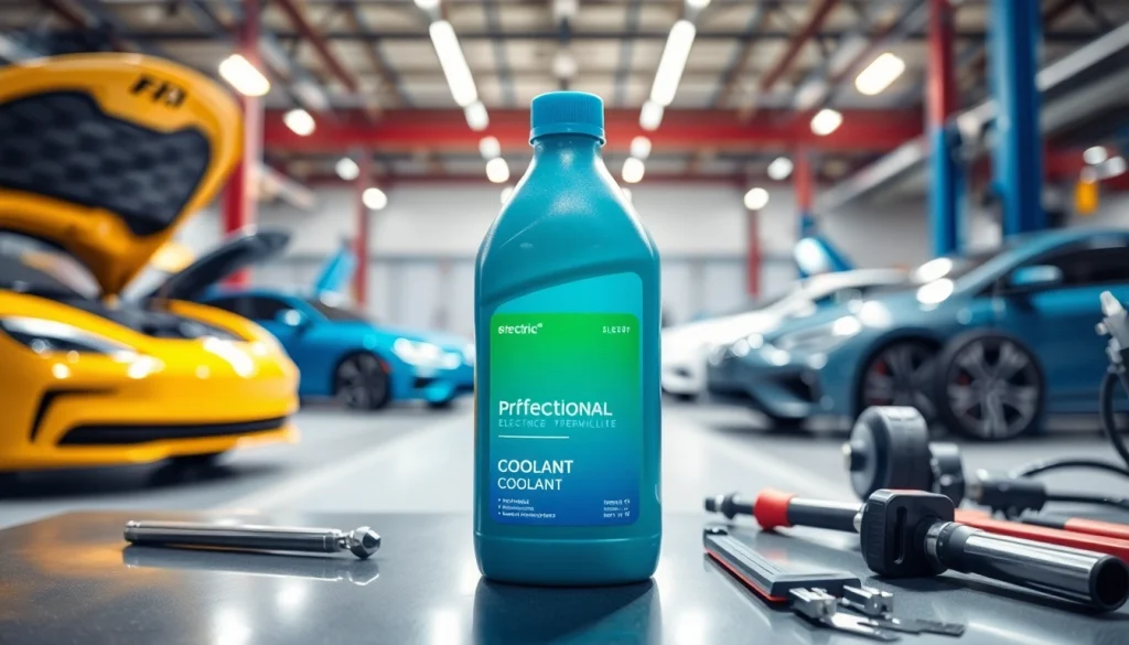 Electric vehicle coolant bottle showcased in a high-tech automotive workshop.
