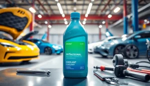 Electric vehicle coolant bottle showcased in a high-tech automotive workshop.