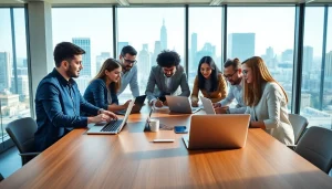 Engaging digital marketing Edmonton team collaborating in a modern office setting.