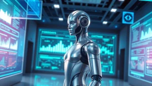 Highlighting horny AI technologies with a humanoid figure in a sleek, futuristic workspace.