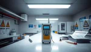 Hydrogen Cyanide gas detector displayed prominently with safety equipment in a laboratory environment.