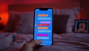 Engage with a sex chat bot on a sleek smartphone in a cozy, intimate setting.