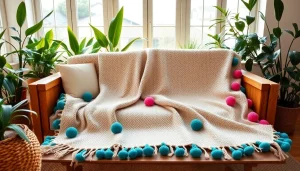 Admire the colorful Moroccan pompom blanket from https://labboho.com/collections/pompom-blanket adding charm to a stylish living room.