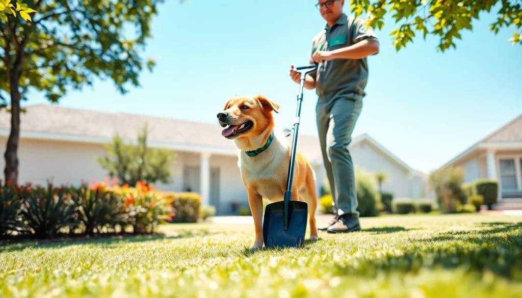 Dog clean up service technician scooping pet waste in a clean yard, promoting cleanliness and care.