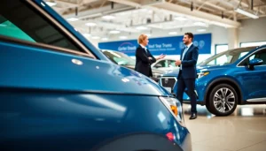 Engaging conversation about Part Exchange options at a car dealership setting with a bright, welcoming atmosphere.
