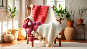 Cozy Moroccan Cotton Pompom Blankets brighten a sunlit living room with vibrant texture.