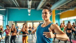Group fitness class at the best gym near me showcasing energetic participants and a focused instructor.