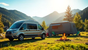 Showcasing the perfect Van in a serene natural setting, emphasizing its design and lifestyle.