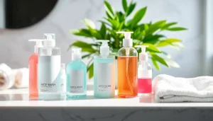 Showcase the best face wash bottles artistically arranged on a marble countertop.