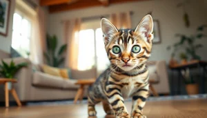 Playful Bengal Kittens for Sale with vibrant patterns in a cozy living room setting.