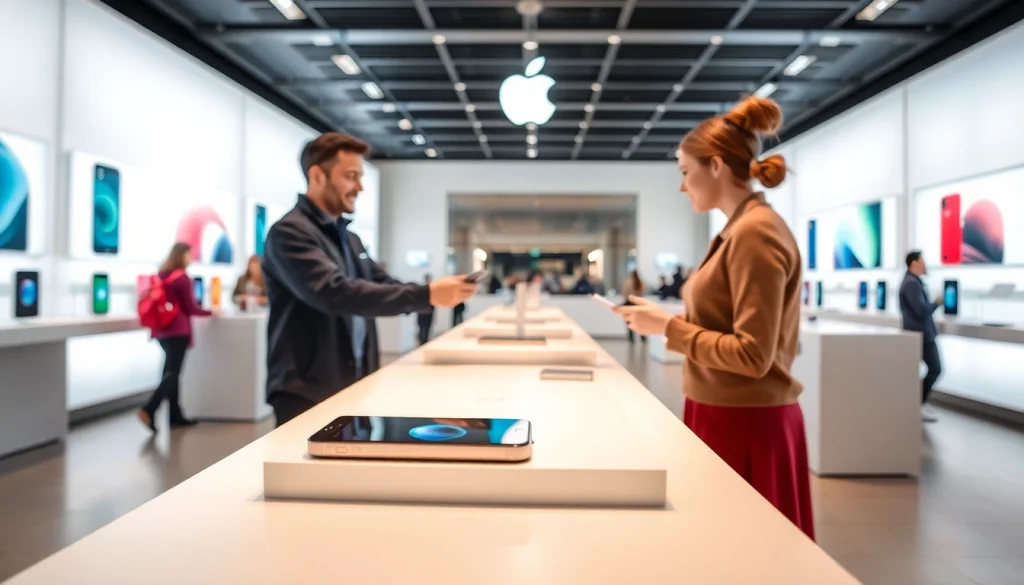 Buy iPhone showcased in a professional Apple Store with a friendly associate assisting customers.