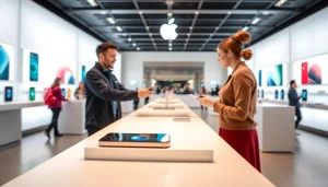 Buy iPhone showcased in a professional Apple Store with a friendly associate assisting customers.