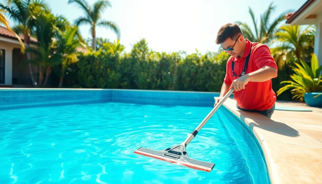 Engaging pool cleaning service near me demonstration with a technician maintaining a sparkling pool.
