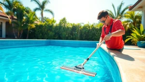 Engaging pool cleaning service near me demonstration with a technician maintaining a sparkling pool.
