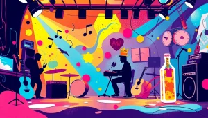 Engage with the essence of 汽水音乐海外 through colorful musical notes and soda elements creating a vibrant atmosphere.