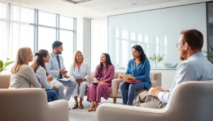 Consultation at a sexual health clinic in Dubai, showcasing diverse specialists and a welcoming atmosphere.