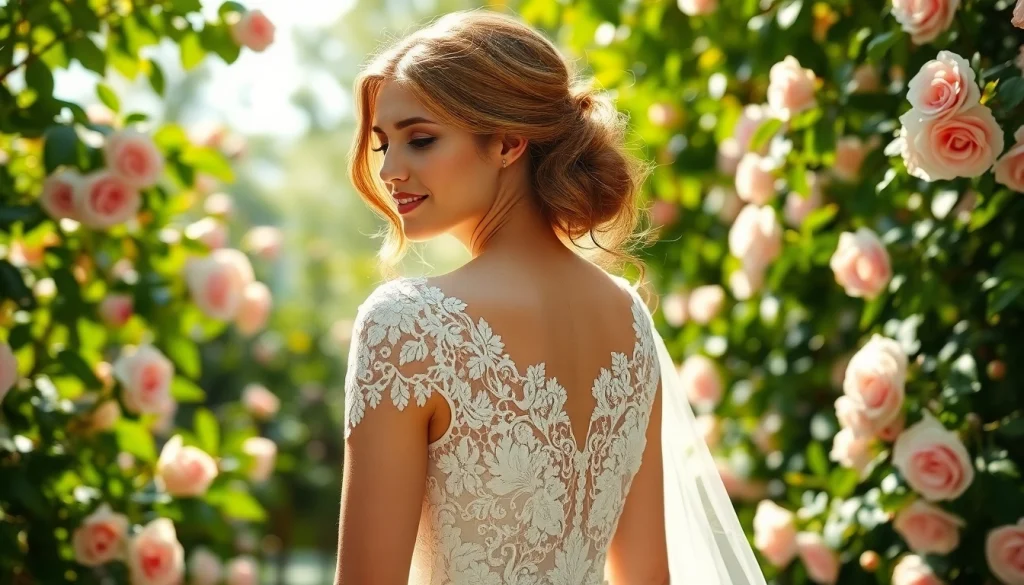 Bride showcasing Lace Wedding Dresses in a floral garden setting, highlighting elegant lace details.