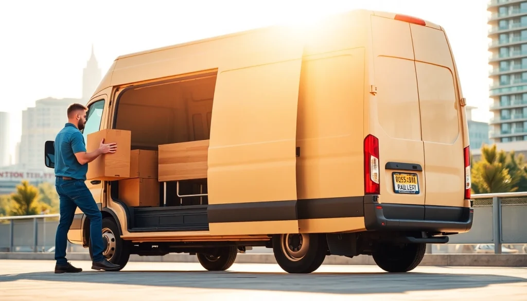 Efficient man and van moving service loading furniture into a van in an urban environment.