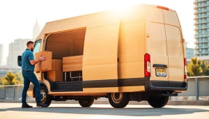 Efficient man and van moving service loading furniture into a van in an urban environment.