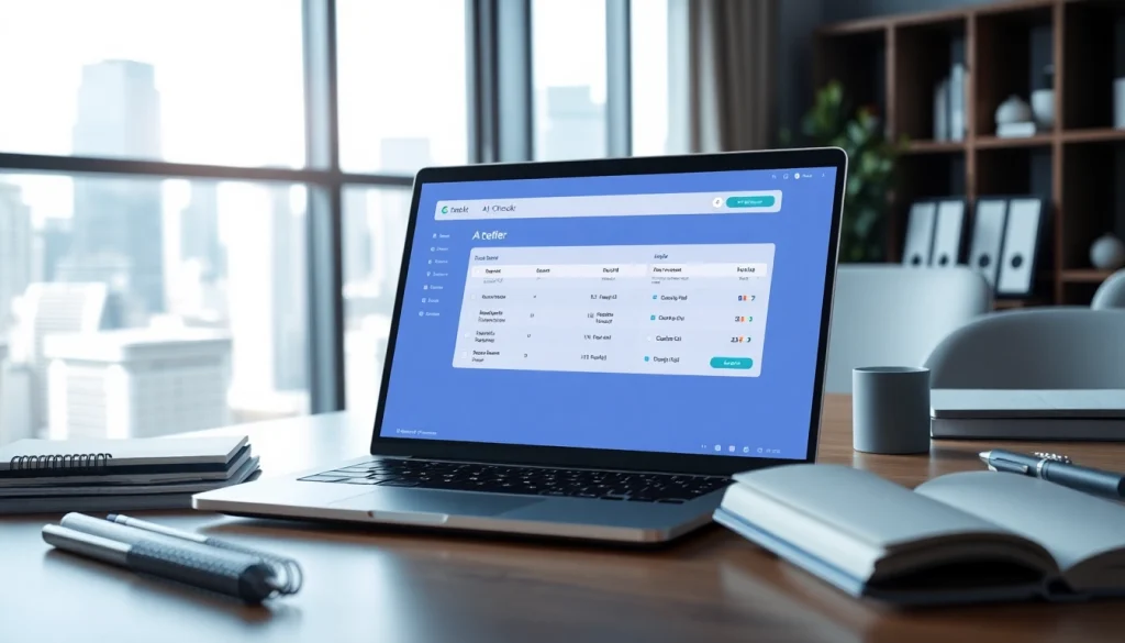 Analyze text with the AI checker tool on a laptop in a modern office.