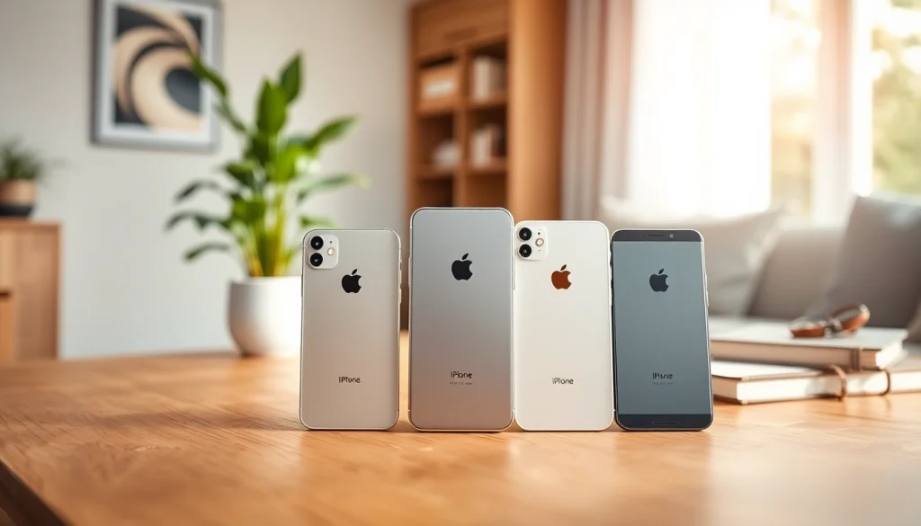 Showcase of Apple iPhones on a stylish desk; buy iphone and explore latest models in natural light.