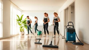 Bond cleaning Logan team meticulously cleaning a bright, modern apartment, evoking professionalism and efficiency.
